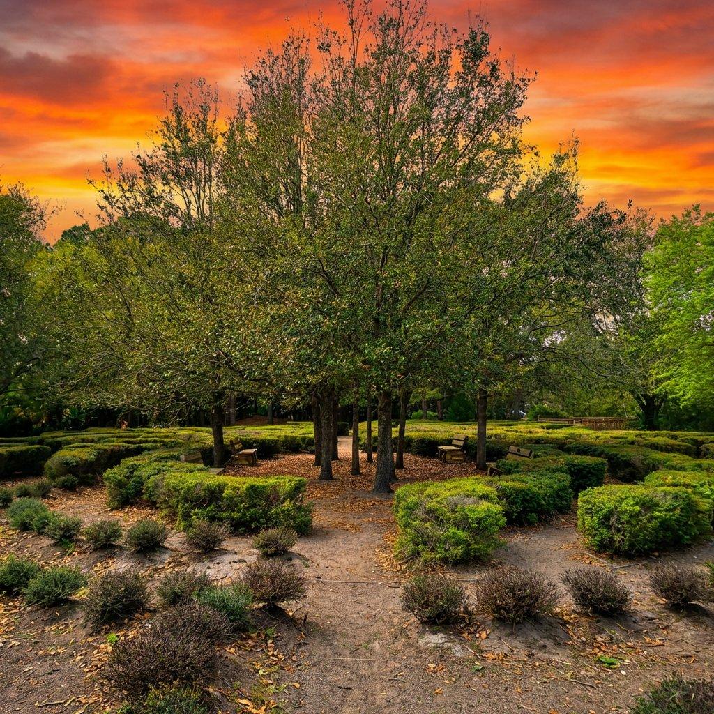Bird Island Park sea turtle hedge maze with trimmed hedges and mature shade trees at golden hour, Ponte Vedra Beach