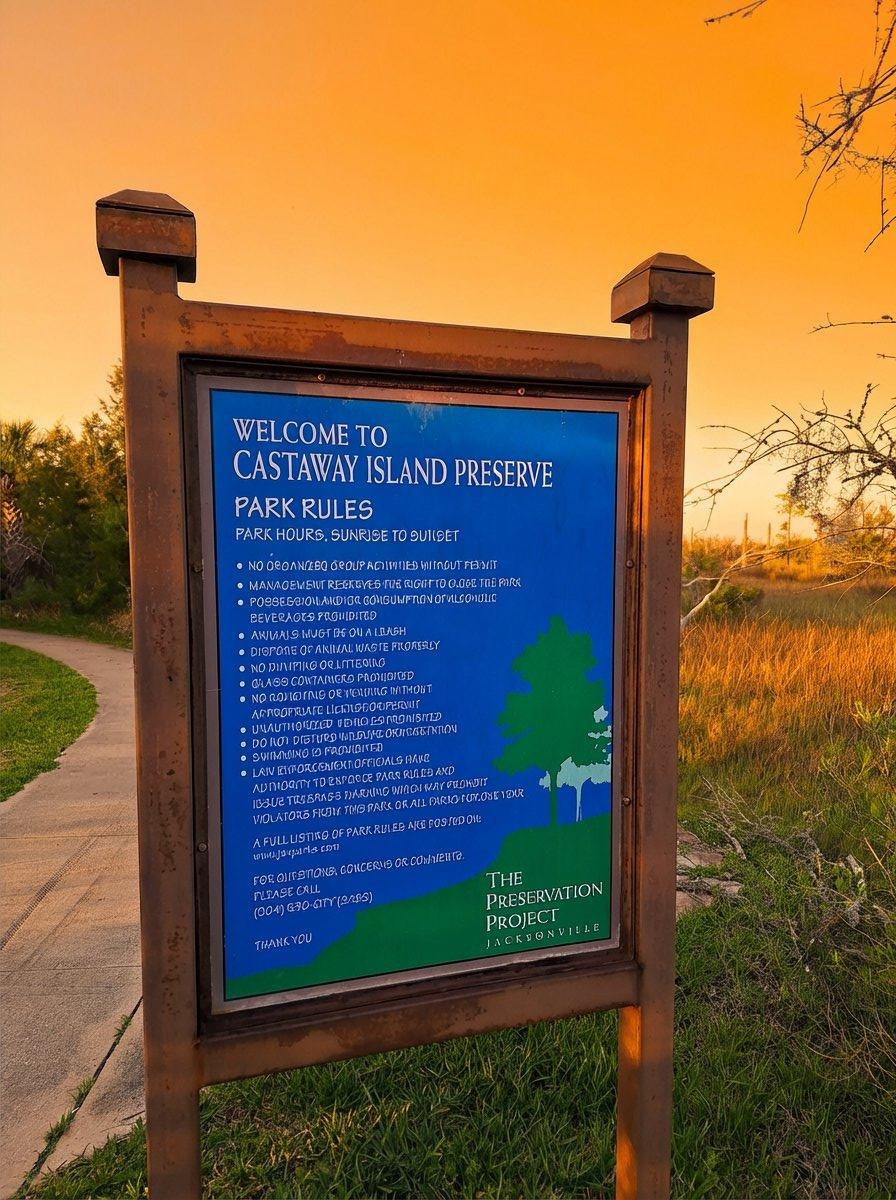Castaway Island Preserve welcome and park rules sign at golden hour, The Preservation Project Jacksonville