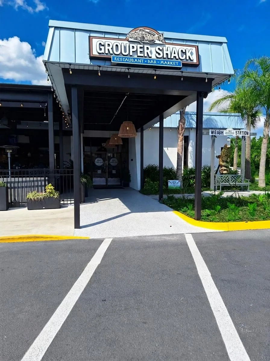 Grouper Shack restaurant exterior on 3rd Street Jacksonville Beach with covered outdoor patio and bar area