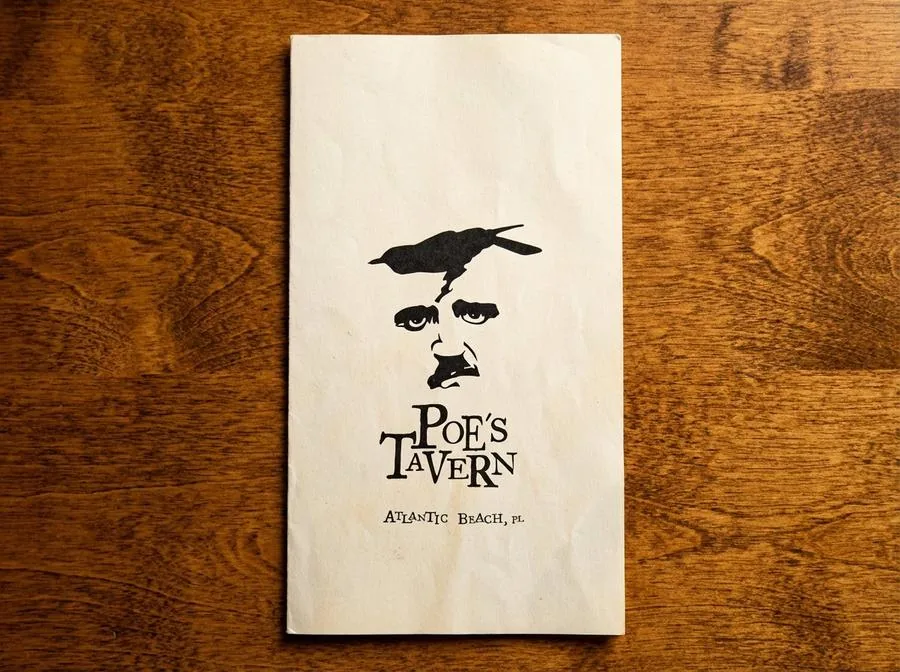 Poe's Tavern menu cover with Edgar Allan Poe portrait illustration and raven, Atlantic Beach Florida