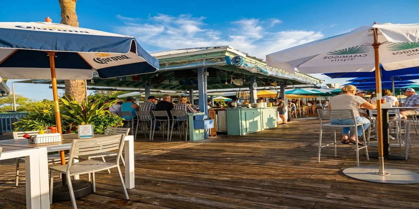 Beaches at Vilano outdoor deck at golden hour, Tolomato River waterfront