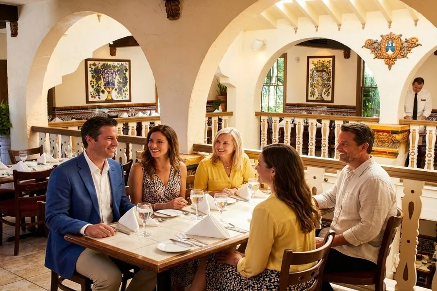 Columbia Restaurant dining room with Spanish arches, hand-painted tiles, and guests dining in St. Augustine