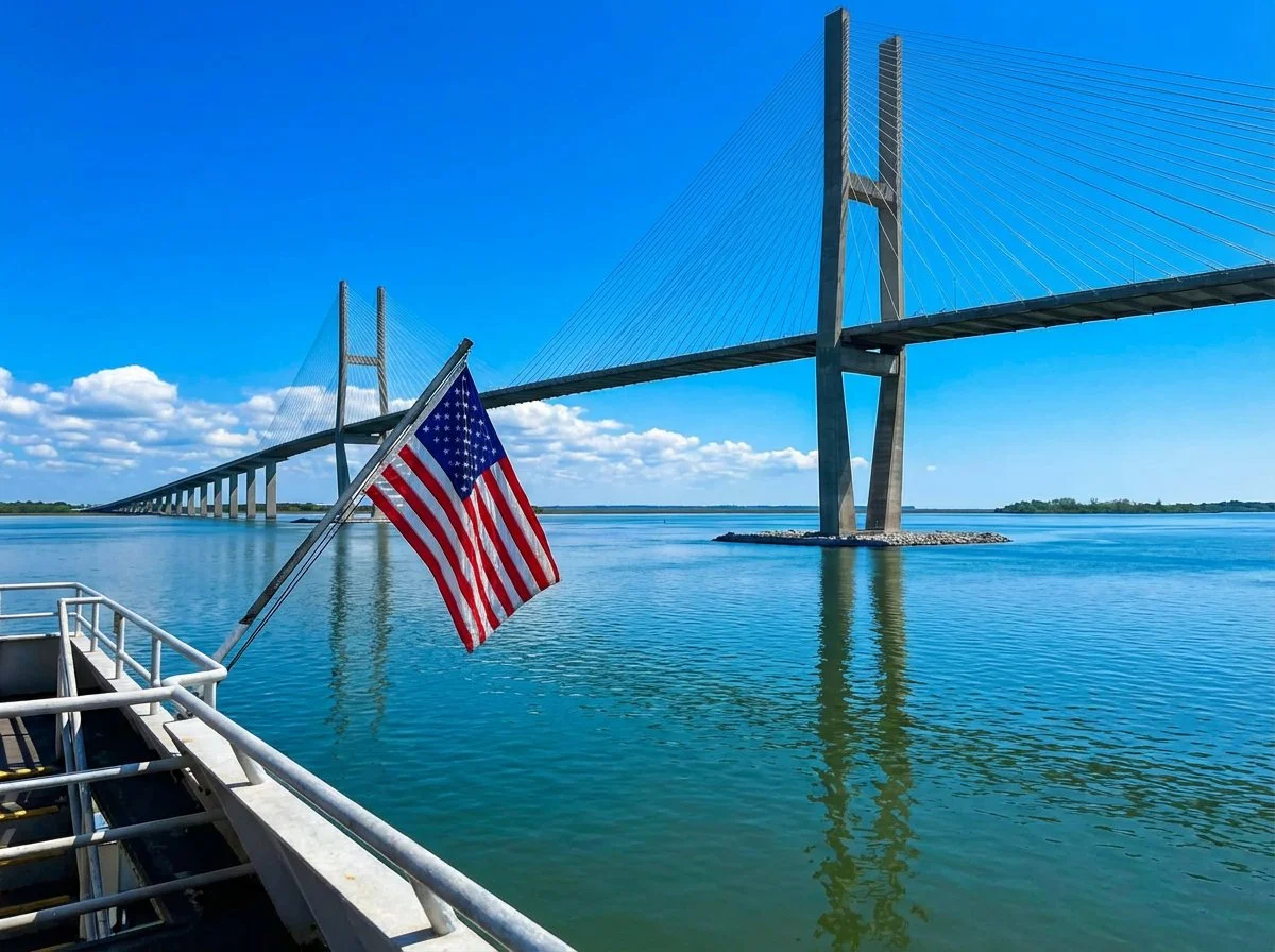 View from the back of the Emerald Princess II with the Sidney Lanier Bridge and American flag