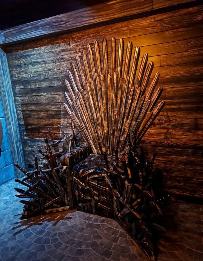 Four Kingdoms escape room — iron throne and swords, Mind Bender Jacksonville Beach