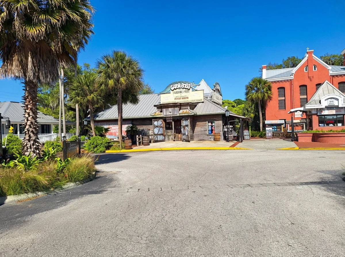 Old Town St. Augustine complex interior with wooden buildings and trolley stop