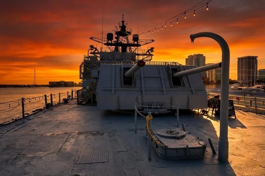 USS Orleck gun deck at sunset on the St. Johns River, Jacksonville