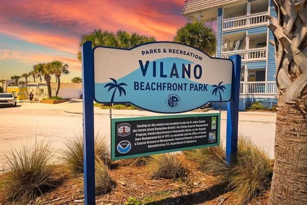 Vilano Beachfront Park entry sign at sunset, St. Augustine